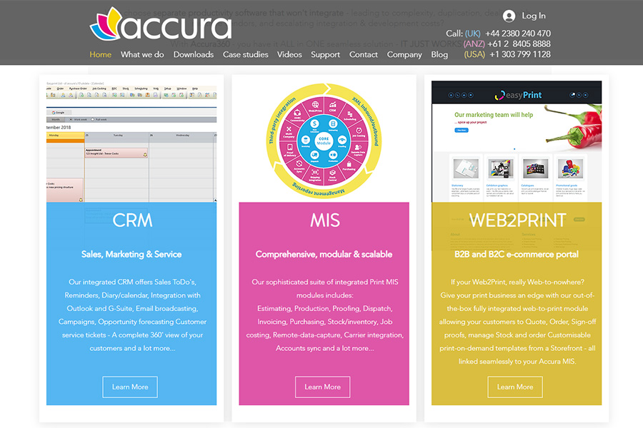 A screen shot of software company AccuraMIS' home page on their website detailing their software services