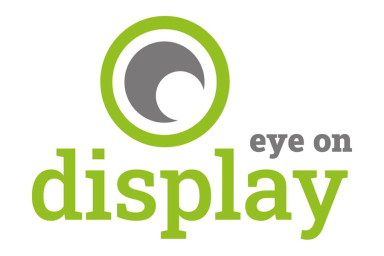 Green and grey logo with eye symbol and the words eye on display