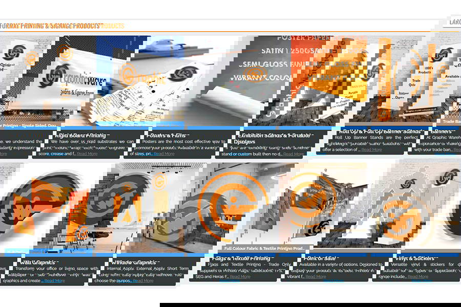 A screen shot of all the signage and wide-format print products Graphic Warehouse produces including banners, flags, and stickers